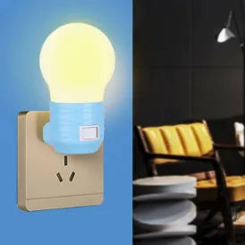 Compact round plug-in bedside baby lamp in white, blue or pink with white or warm light options