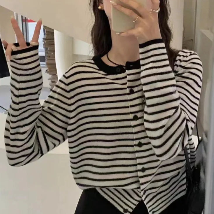 Dark grey and white striped women's viscose cardigan coat with long sleeves and a slim fit.