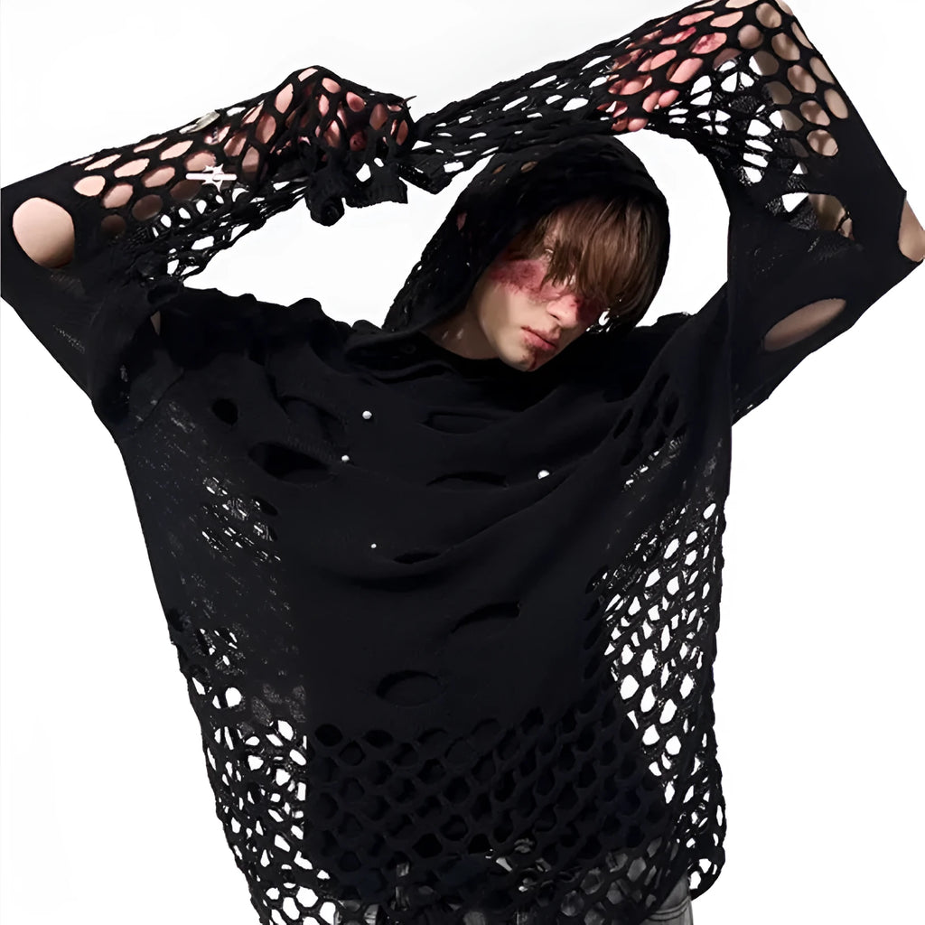 Men's black loose hoodie with pearl decorations on the hood, thin material.
