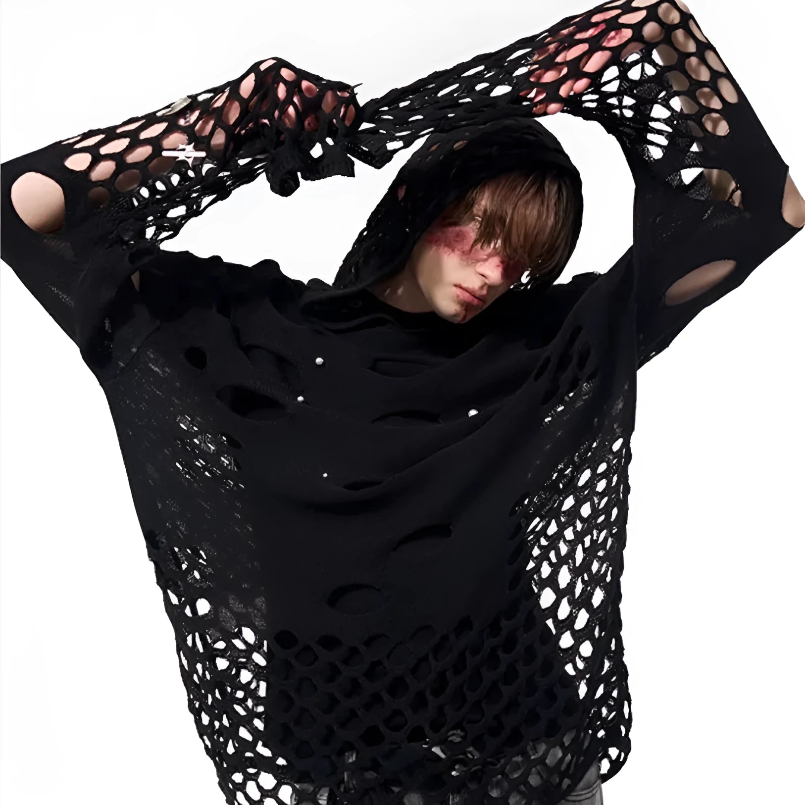 Men's black loose hoodie with pearl decorations on the hood, thin material.