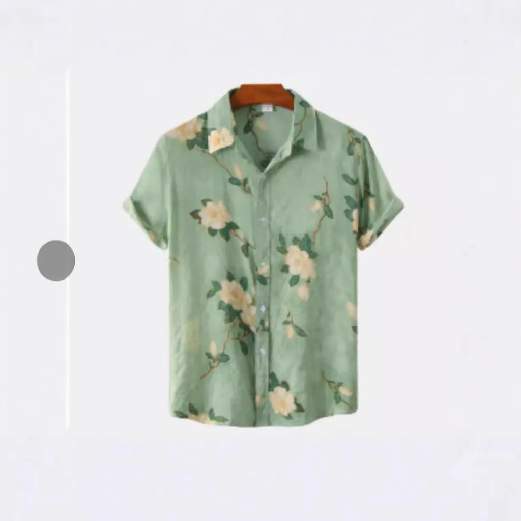 Man wearing a short sleeve Hawaiian print shirt with a floral lapel, made from elastic polyester fabric.