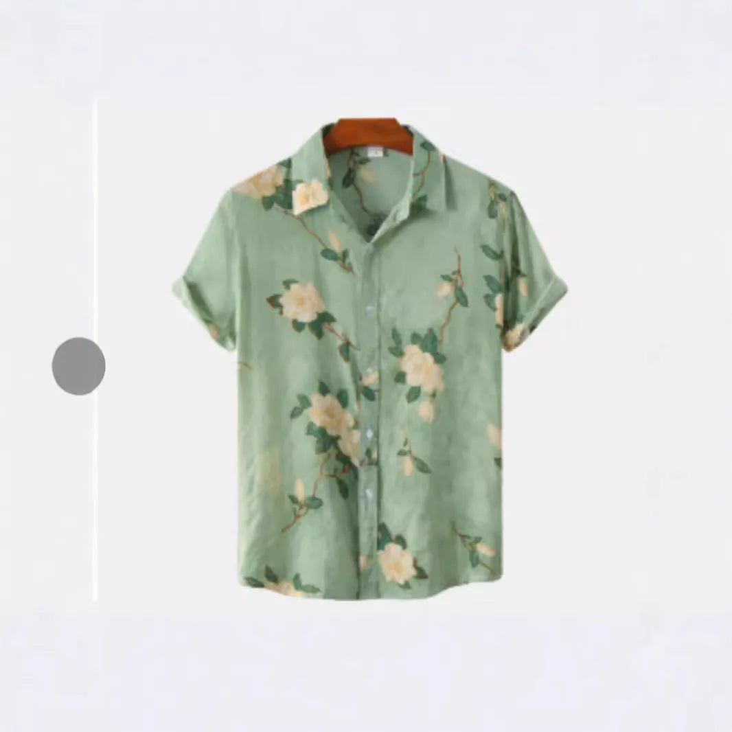 Man wearing a short sleeve Hawaiian print shirt with a floral lapel, made from elastic polyester fabric.