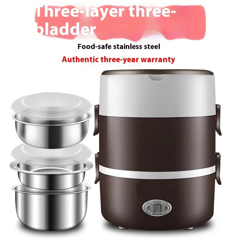 Portable plug-in insulated lunch box with stainless steel inner liner, double layer pink colour, and mains power cord