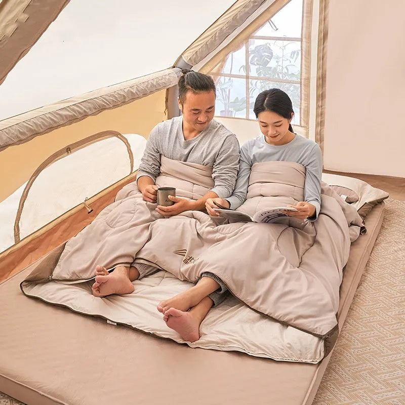 Double sleeping bag in coffee gray with envelope structure for two-person camping