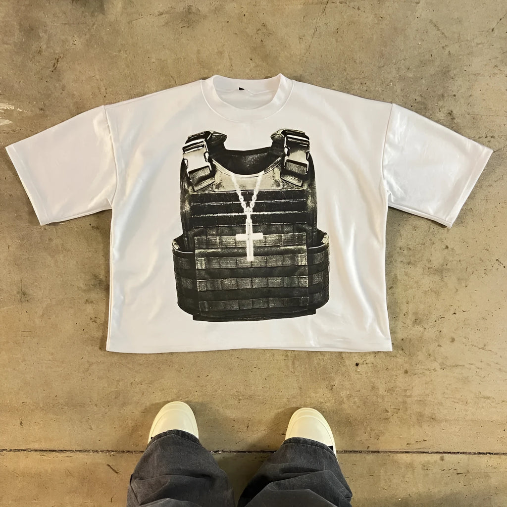 Cotton short sleeve t-shirt with drop-shoulder sleeves and printed retro street style graphics