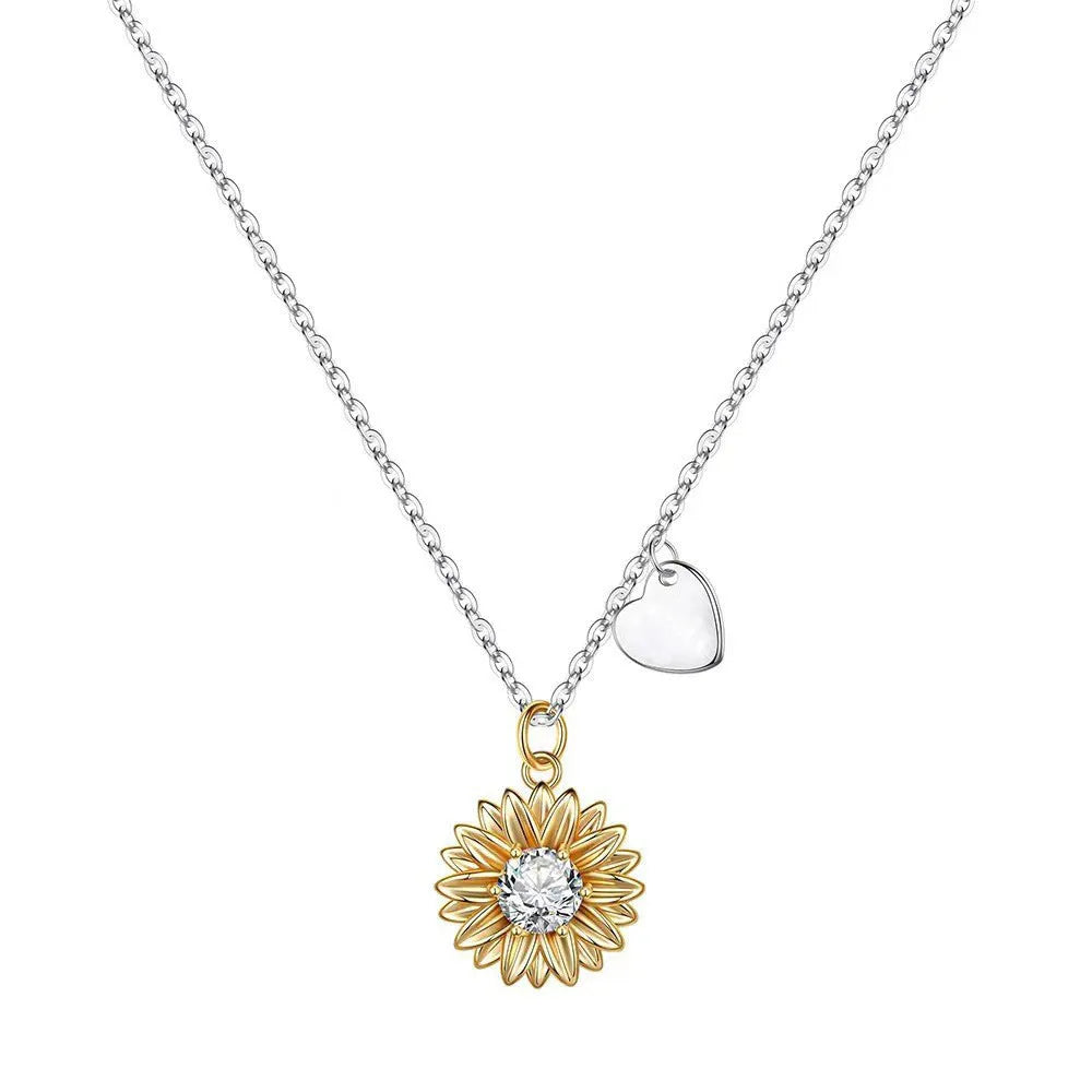 925 silver adjustable sunflower necklace with geometric daisy pendant on a cross chain.
