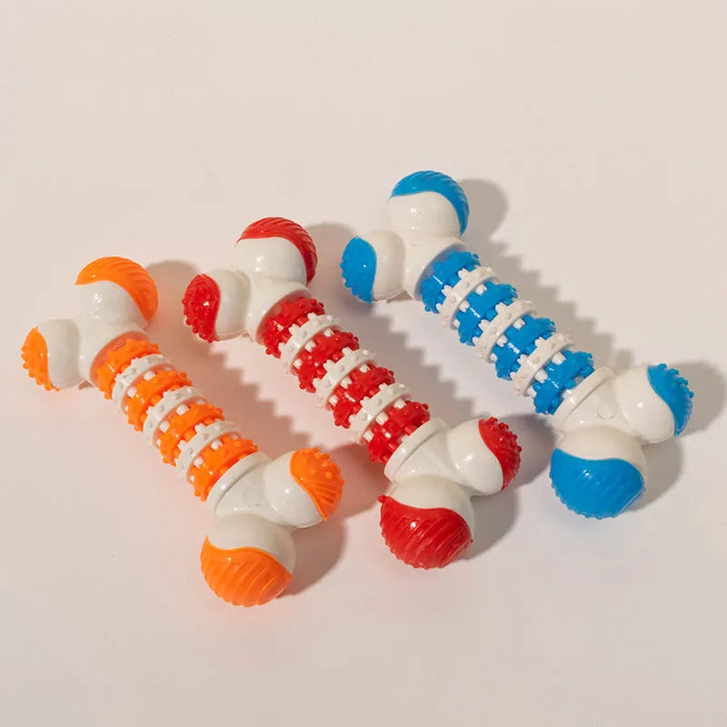 Blue bone-shaped interactive dog toy for small breeds with chewable ends and central treat holder