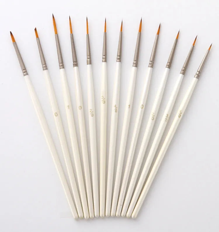 Set of twelve fluorescent marker artist brushes in assorted sizes, stored upright in a solid wood pen holder.