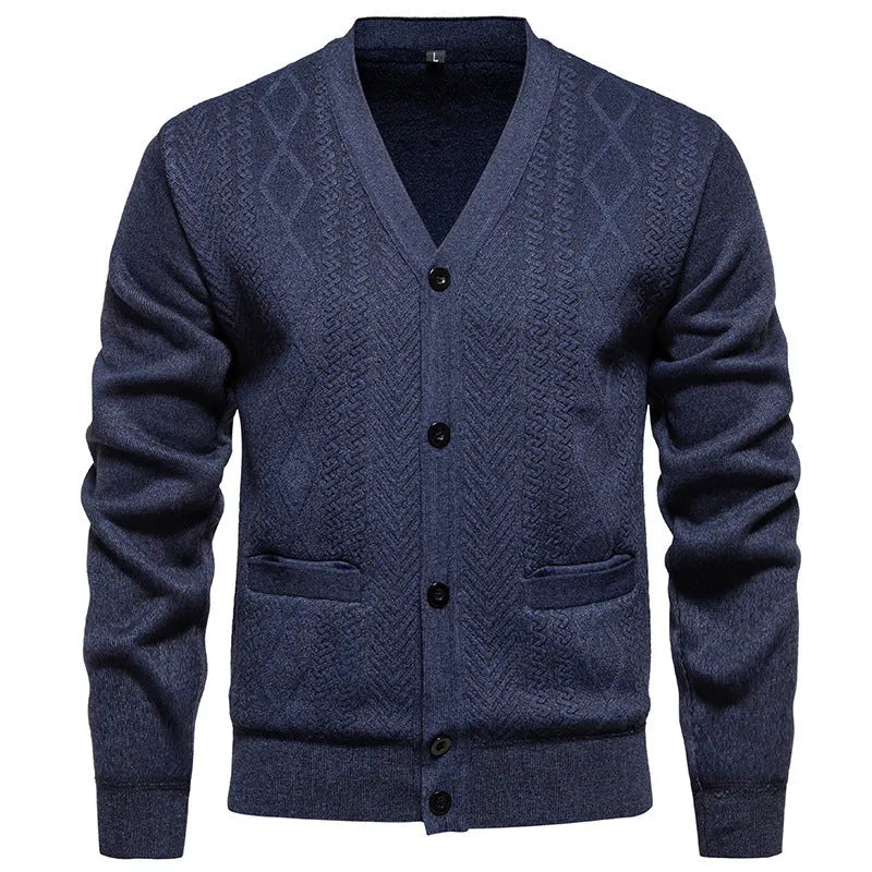 Men's striped cardigan sweater with wool lining in brown, available in plus sizes.