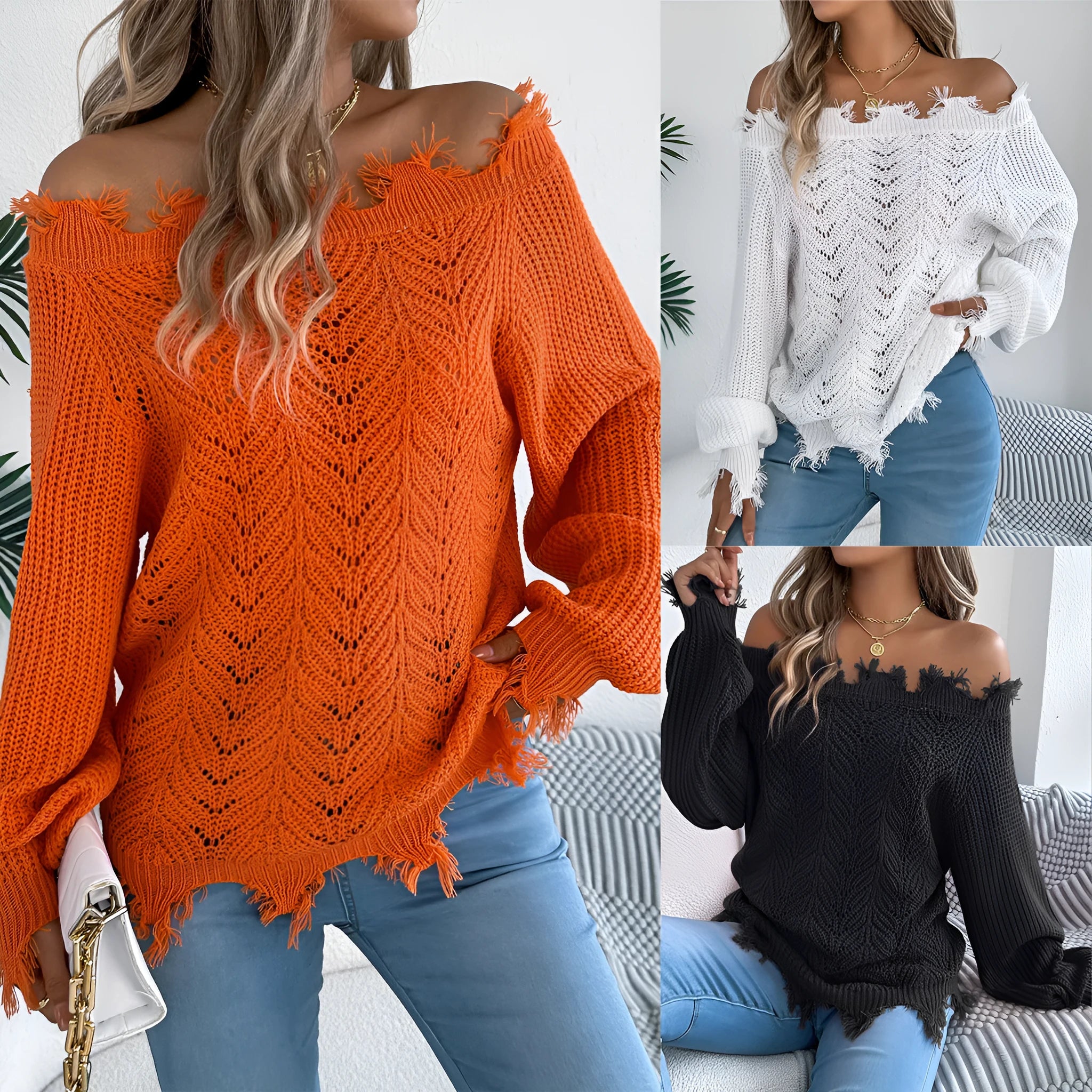 Women's white hollow-out knitted pullover sweater with cut off-the-shoulder neckline and long sleeves.