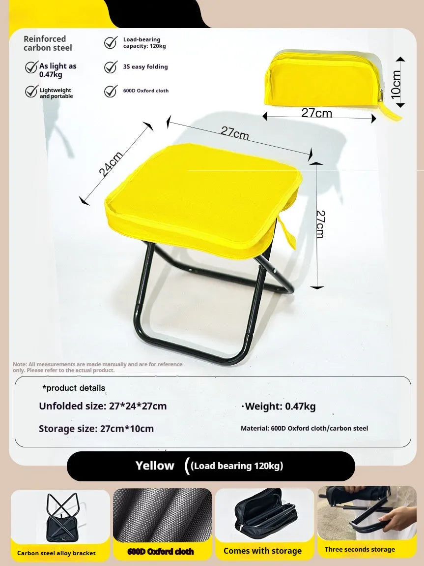 Outdoor folding camp stool in khaki colour with crossbody carry bag, shown in folded and unfolded states.