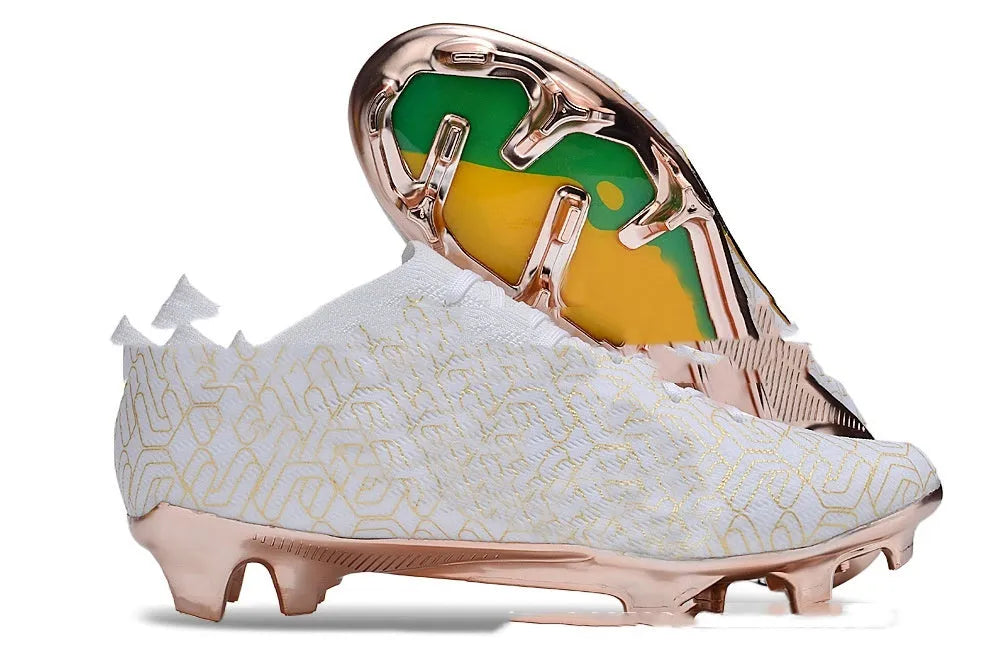 Men's low top waterproof knitted football shoes with FG rubber studs on white background