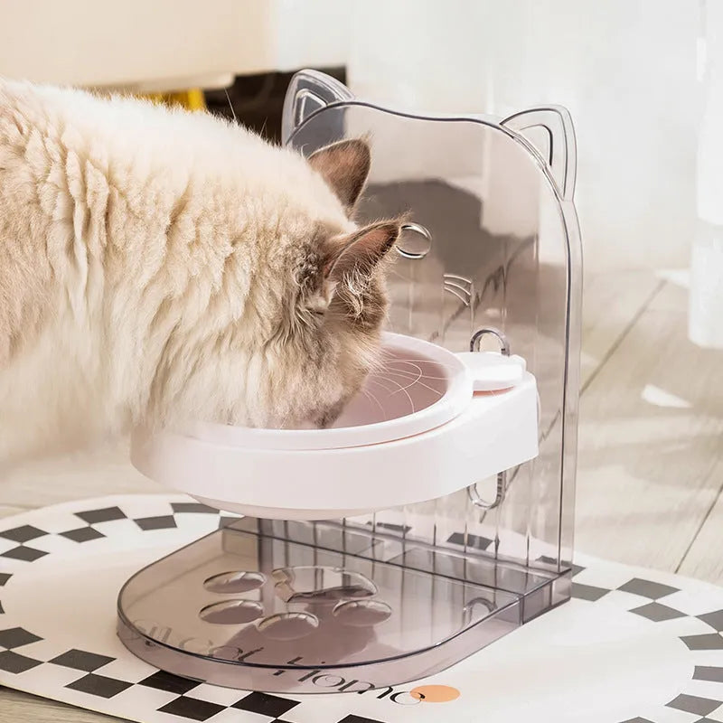 Grey plastic cat feeding bowl with cat ear design and adjustable height mechanism