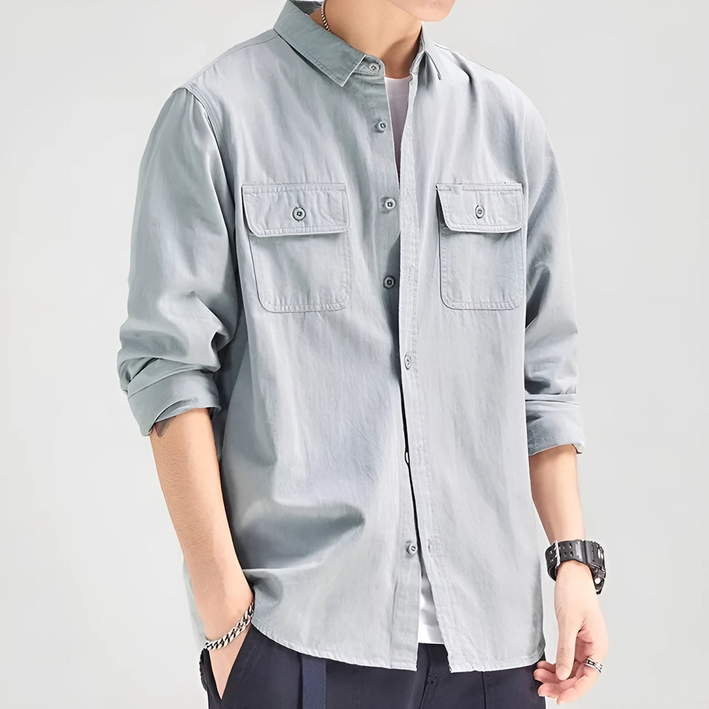 Men's loose fit long sleeve cardigan shirt in polyester, shown in light grey, black, khaki, or green.