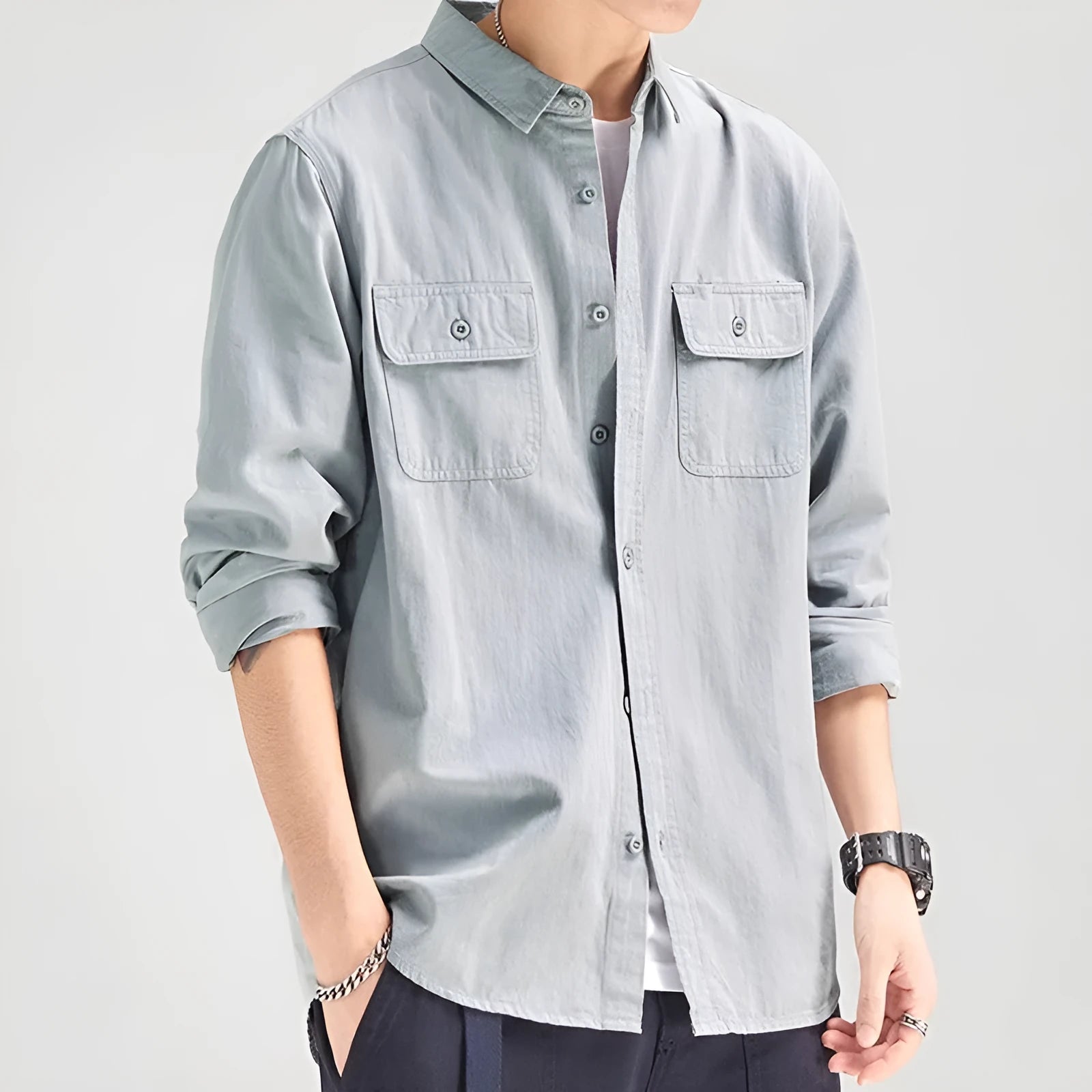 Men's loose fit long sleeve cardigan shirt in polyester, shown in light grey, black, khaki, or green.