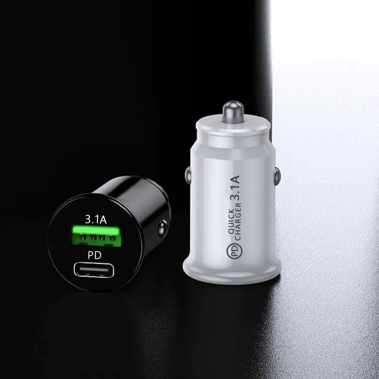Dual port car charger converter with bare metal finish in black and white colors
