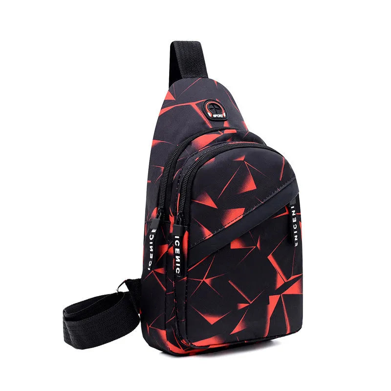 Men's Oxford cloth crossbody chest bag with earphone hole, showing zipper closure and vertical messenger style
