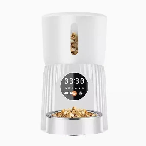 Black automatic pet feeder with digital display and food container for dogs and cats