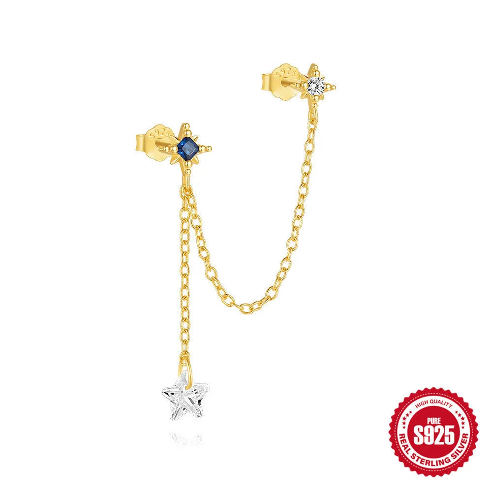 S925 sterling silver zircon stud earrings in golden geometric designs including clover, crown and chain styles