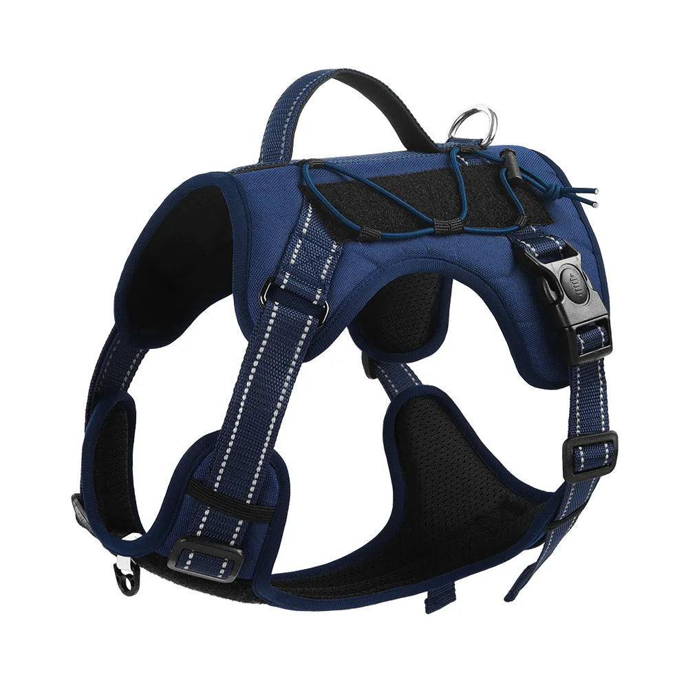 Orange reflective dog harness with explosion-proof breast strap and black hand-holding rope laid flat