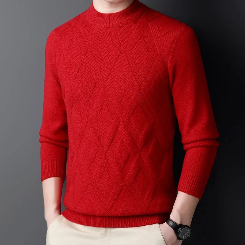 Men's diamond jacquard winter wool sweater in light camel colour, plus size thermal pullover