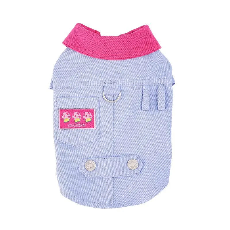 Blue polyester dog vest with front traction ring for small dogs in summer