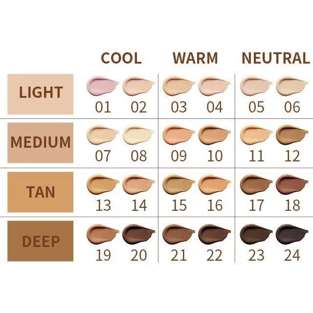 Concealer liquid pen showing 24 colour shades for waterproof contouring and coverage