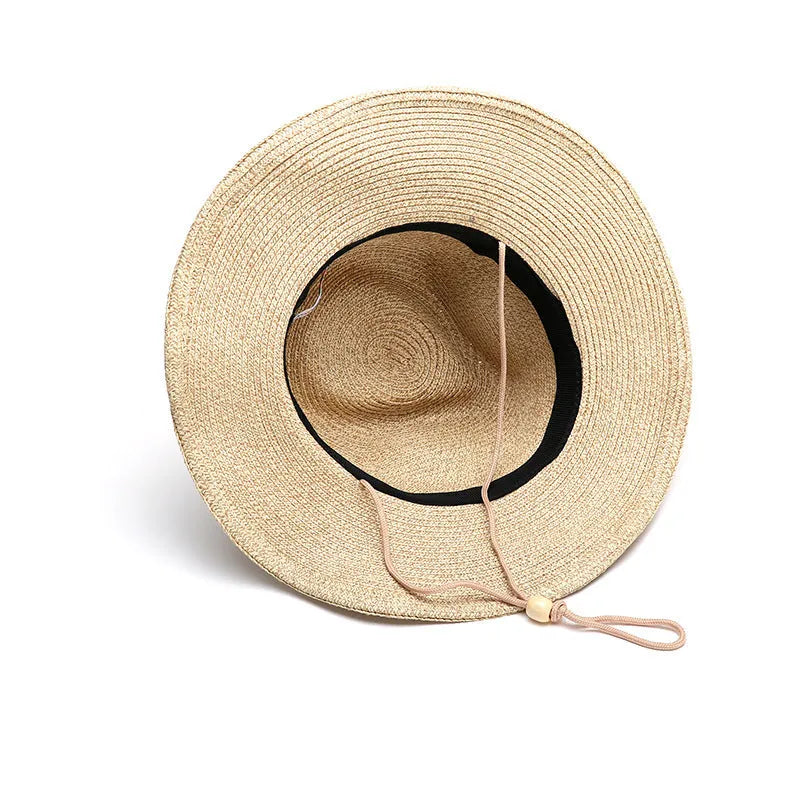 Men's foldable straw sun hat with wide brim in beige colour showing folded and unfolded positions