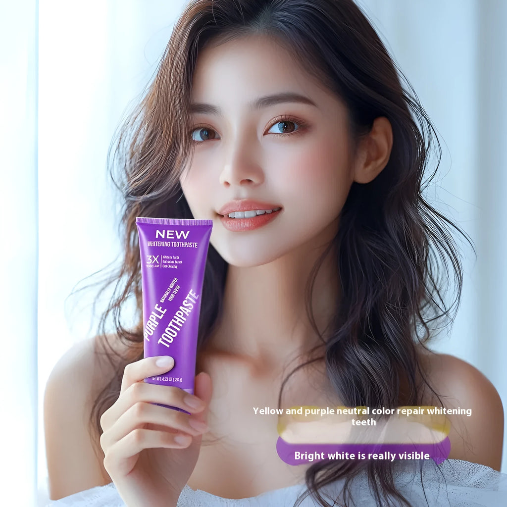 Purple whitening toothpaste tube for adults to remove yellow stains, showing 120g and 65g size options