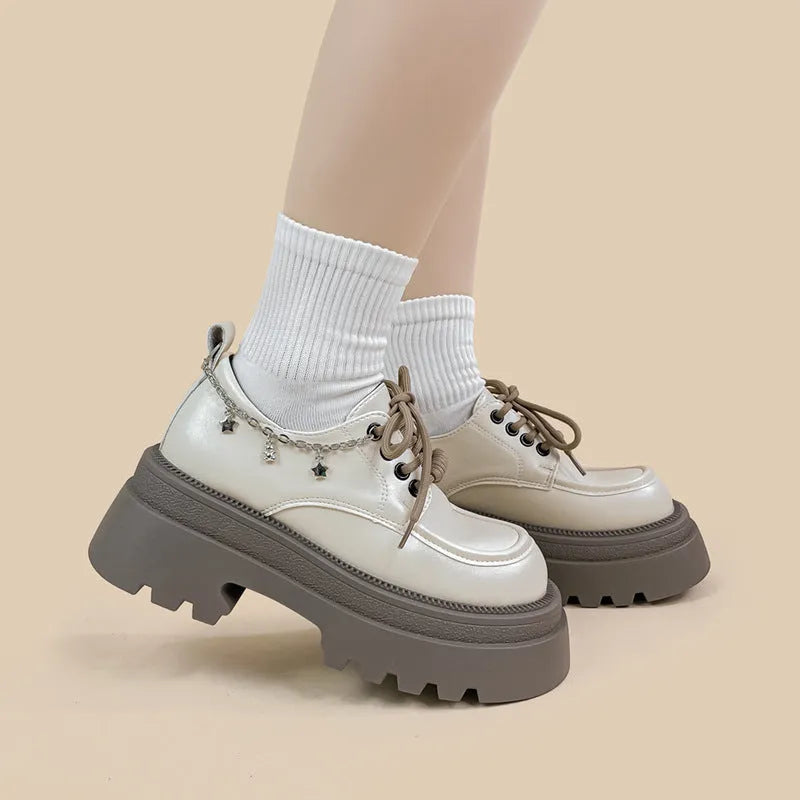 White PU platform Mary Jane shoes with thick chunky heel and front lace-up in XINGX Bear colour