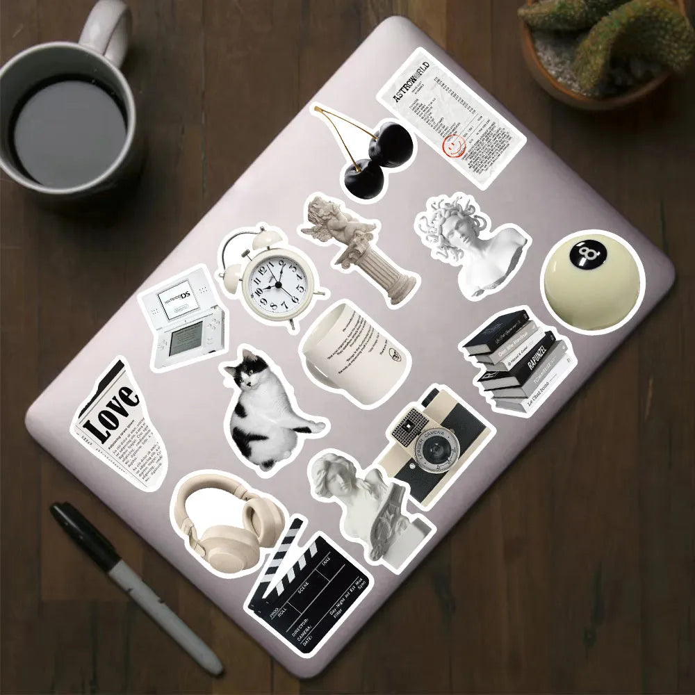61 black and white simple design PVC waterproof stickers for laptops and phones.
