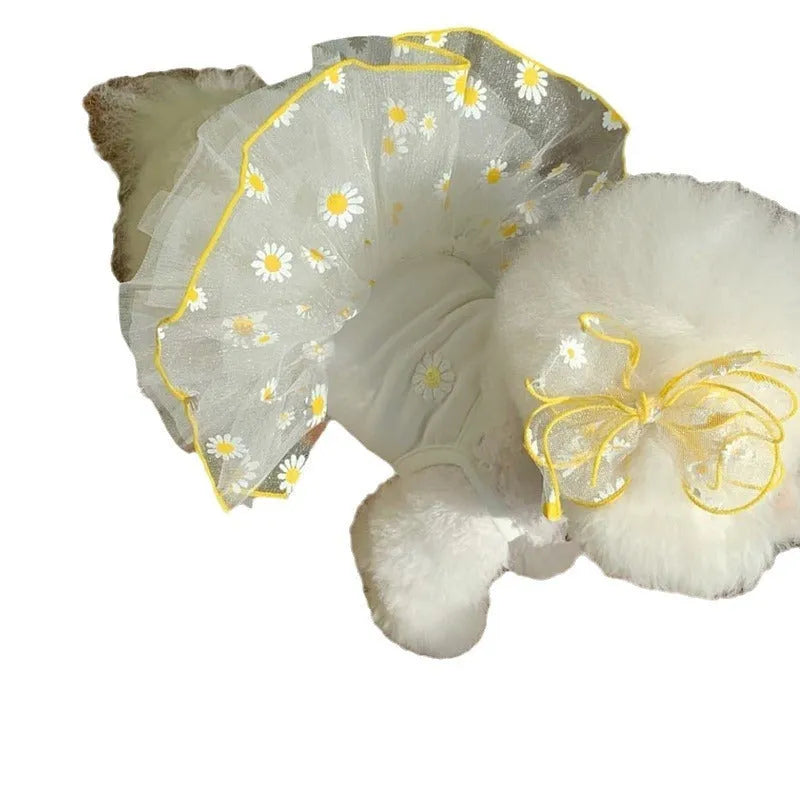 Yellow daisy print summer dog clothes made from lightweight polyester fabric