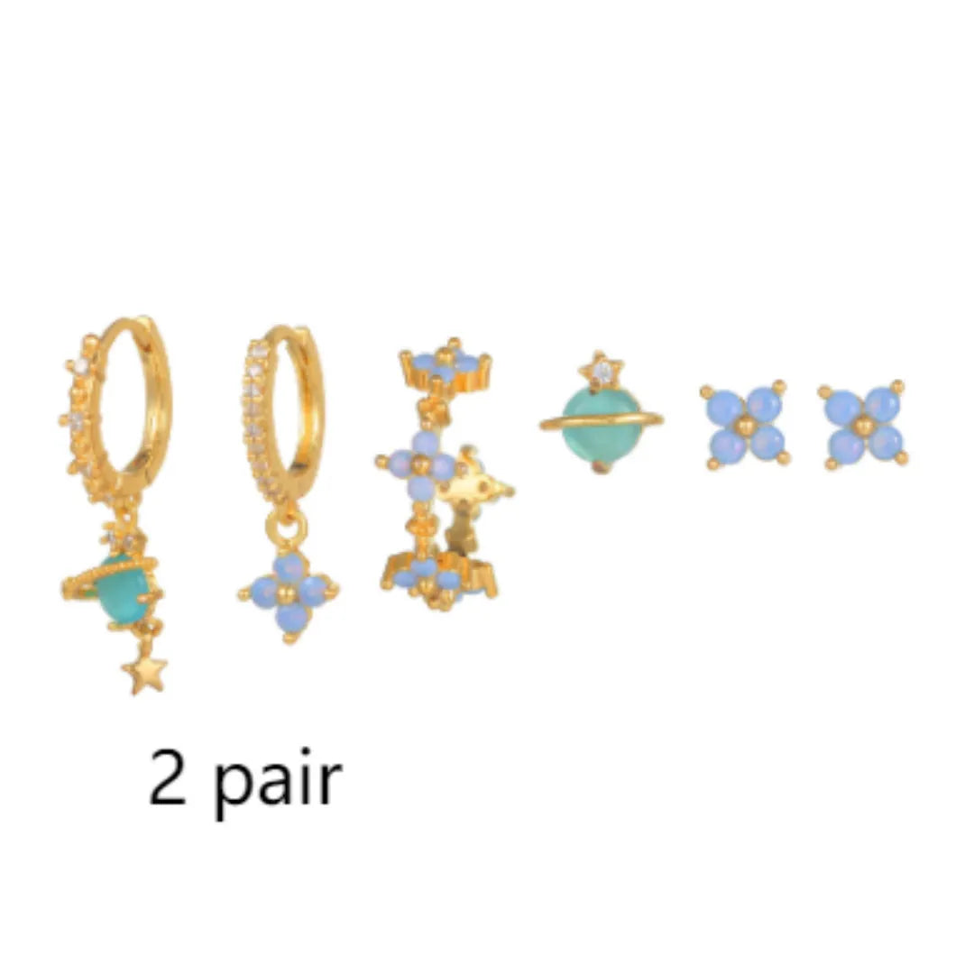 Gold or silver flower ear studs with zircon mosaic centre detail geometric design