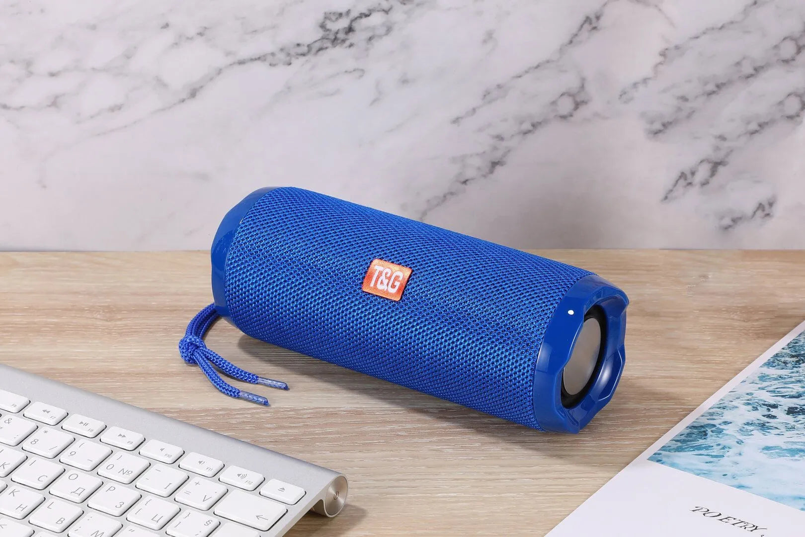 Portable fabric Bluetooth speaker with card holder in multiple colour options showing dimensions 182 x 73.5 x 69.2 mm