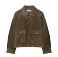 Women's black PU leather-look casual jacket in Japanese Korean style, regular fit.