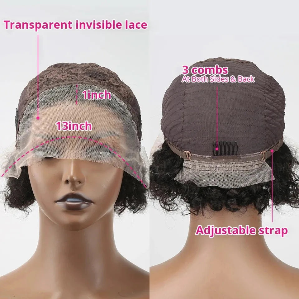 Human hair lace pixie wig cover in colour 13x1 black for daily wear