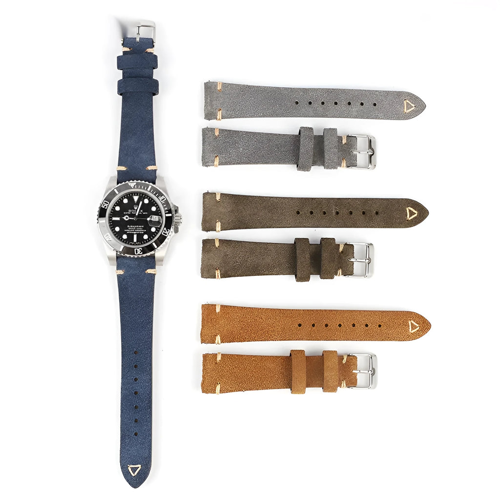 Genuine suede leather watch strap in brown, blue, gray, and Army Green colours showing 20mm and 22mm width options