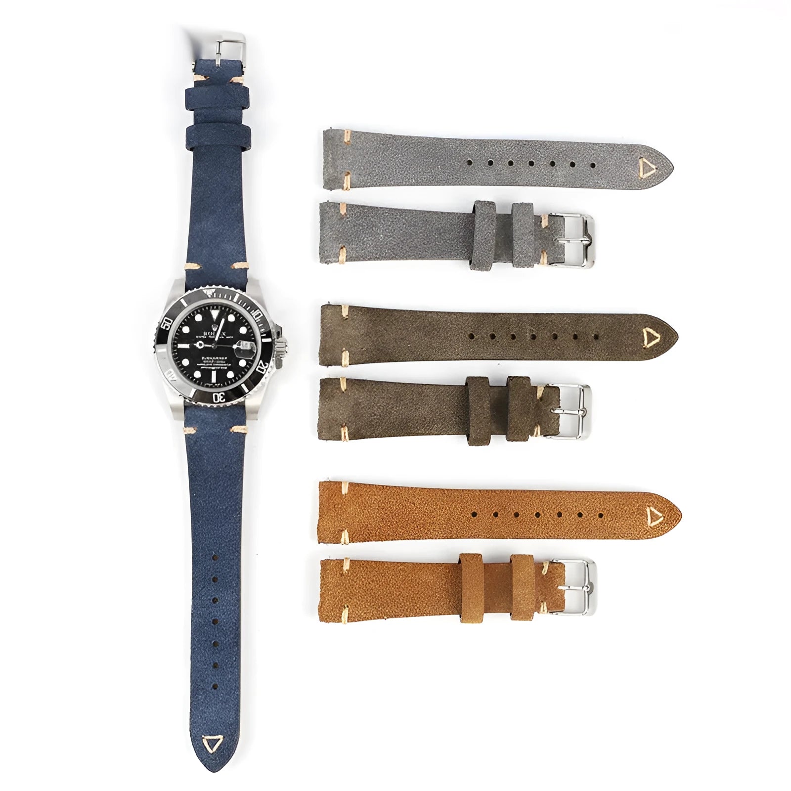 Genuine suede leather watch strap in brown, blue, gray, and Army Green colours showing 20mm and 22mm width options