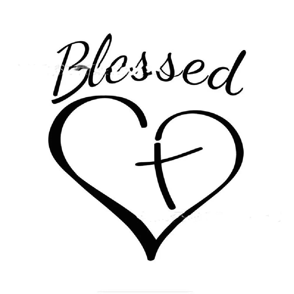 Faith Hope Love text inside a heart shape on a black, white, and red vinyl sticker measuring 14 by 11.5 centimetres