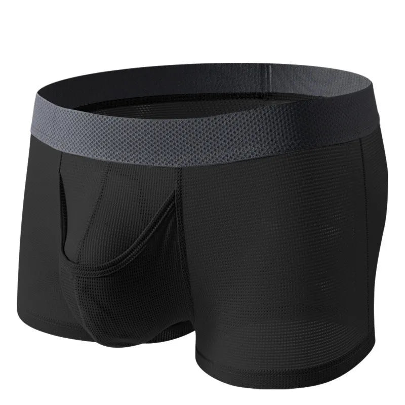 Men's black ice silk boxer shorts with a low waistband and mesh fabric panels.
