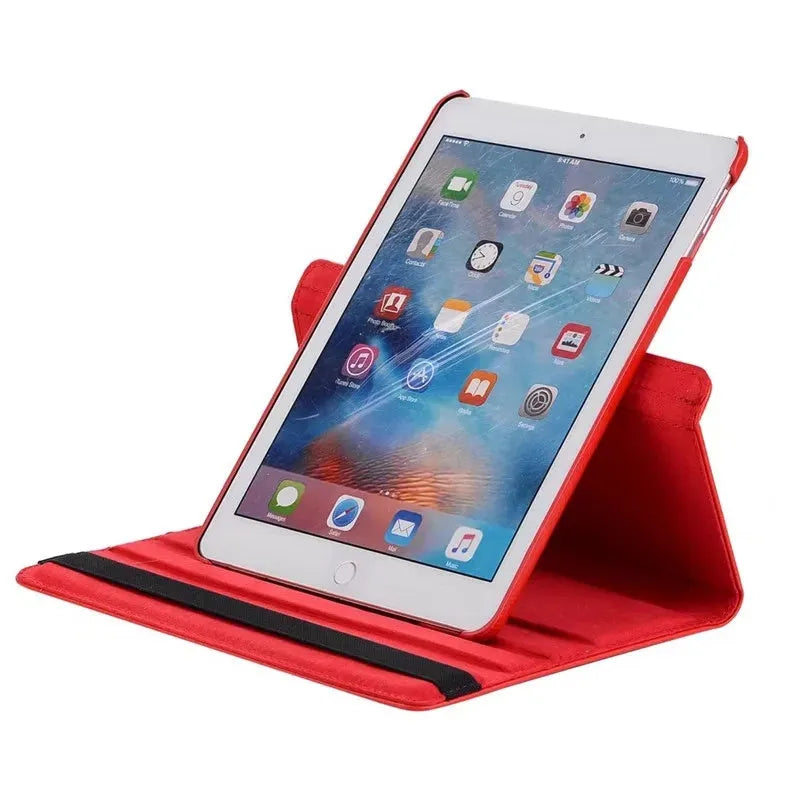 Imitation leather rotating clamshell protective sleeve for iPad and iPad Pro tablets.