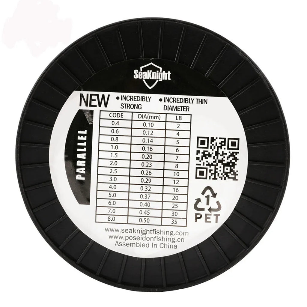 Seaknight 1000 M fishing line spool showing multiple colour options and diameter sizes for angling.