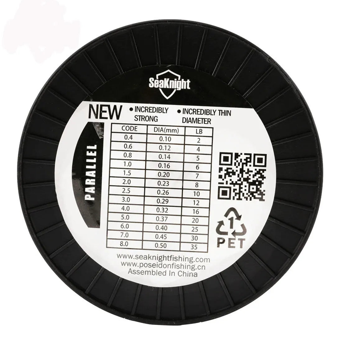 Seaknight 1000 M fishing line spool showing multiple colour options and diameter sizes for angling.