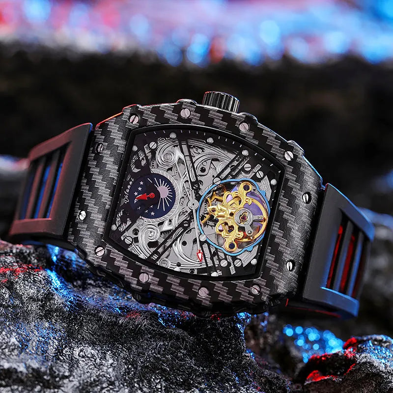 Mechanical waterproof men's watch with luminous hands, black face and rubber strap