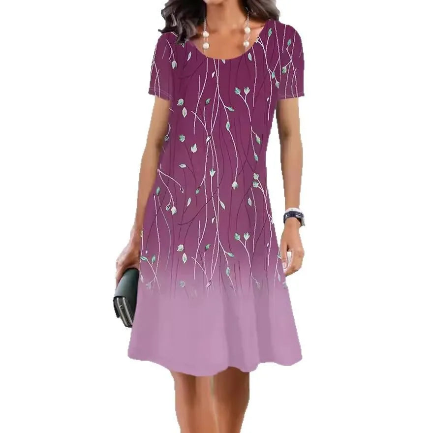 Women's Ice Silk polyester A-line midi dress with botanical print, short sleeves and round neck
