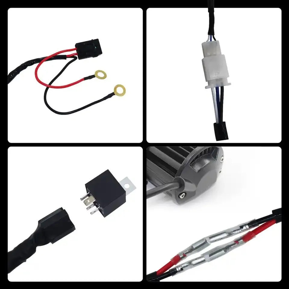 Automotive LED work light wiring harness with 2 metre silicone cable and one-to-two connectors