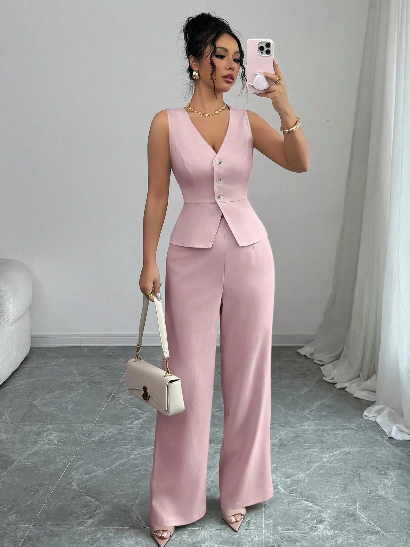Women's sleeveless vest and high waist trousers two-piece set in solid colour