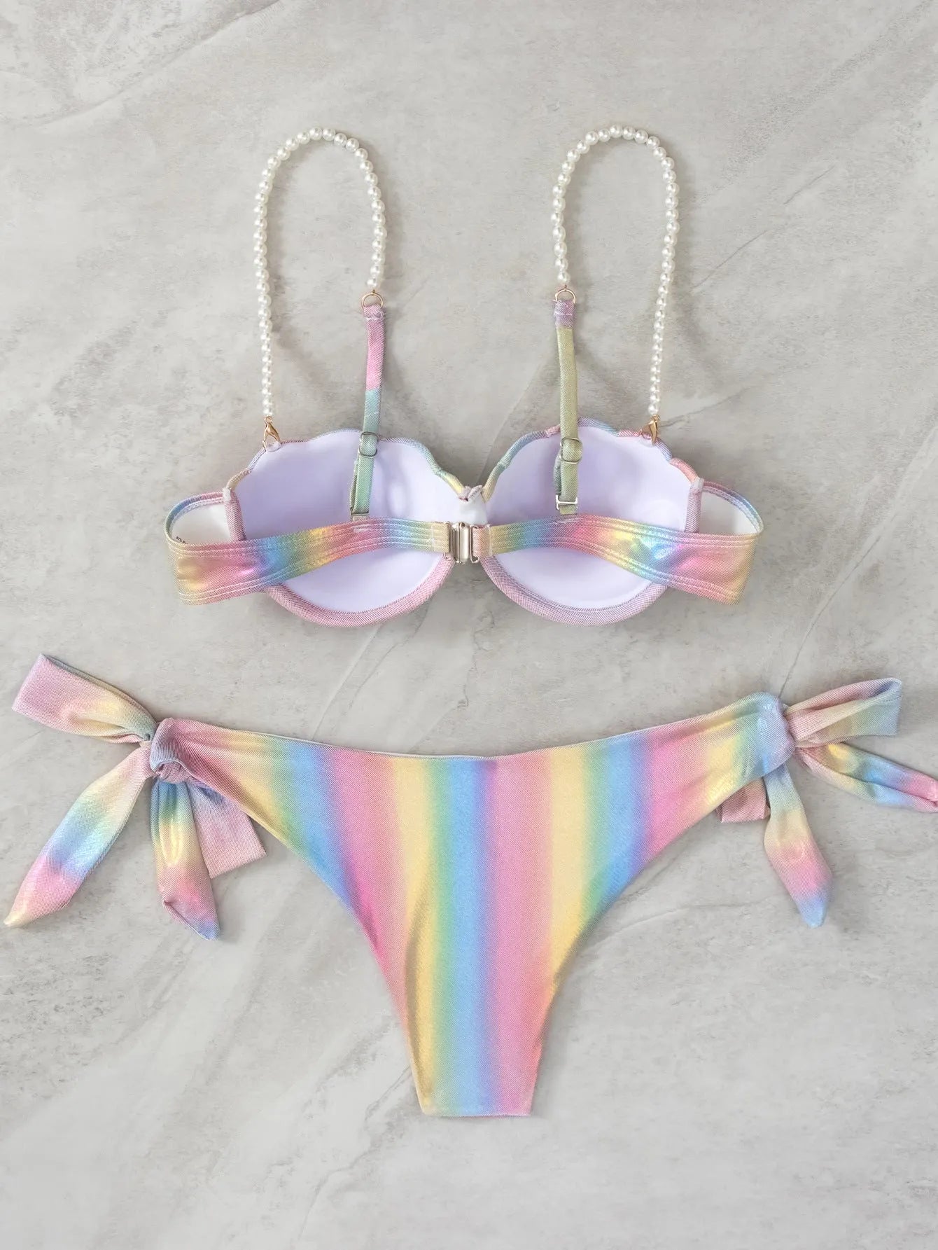 Women's shell rainbow pattern bikini swimsuit with split tied halter top and brief bottom