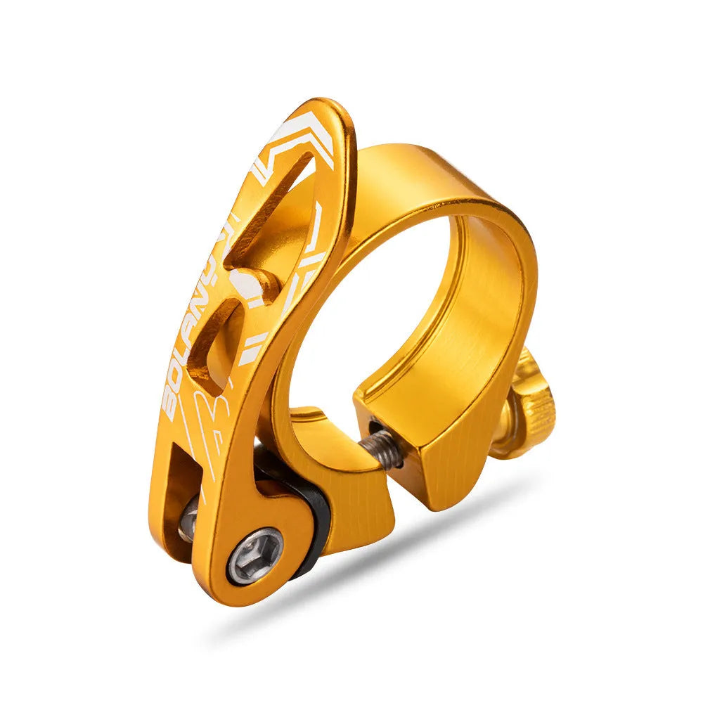 Aluminium mountain bike seat post clamp in black, red, gold, or blue for 31.8mm or 34.9mm seat tubes.