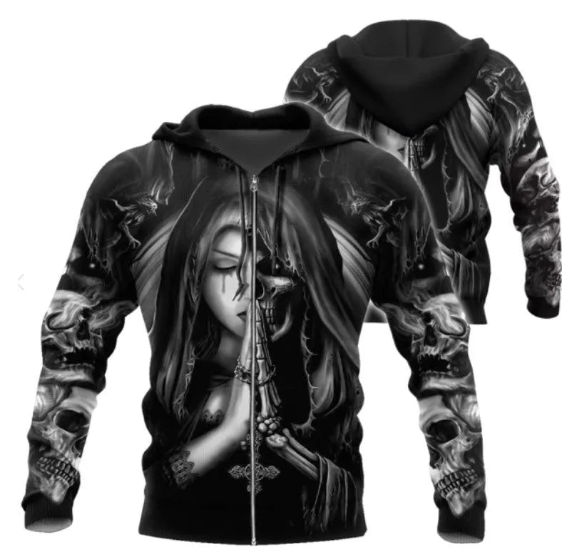 Hooded sweatshirt with 3D Halloween skull anime graphic in multiple colour options